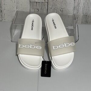 Bebe Womens White Slide Sandals  Translucent Strap Size 9  NWT Pool, Beach, Vac